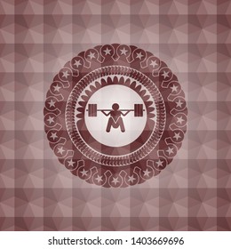 deep squat icon inside red badge with geometric background. Seamless.