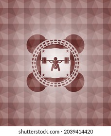 deep squat icon inside red seamless emblem or badge with abstract geometric polygonal pattern background. 