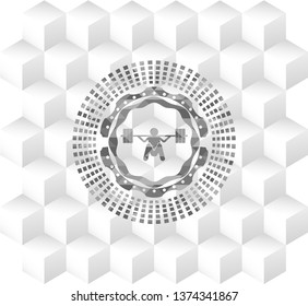 deep squat icon inside retro style grey emblem with geometric cube white background