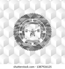 deep squat icon inside retro style grey emblem with geometric cube white background