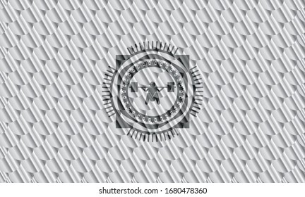 deep squat icon inside shiny silver badge. Scales pattern. Vector Illustration. Detailed.