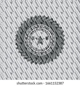 deep squat icon inside silver emblem or badge. Scales pattern. Vector Illustration. Detailed.