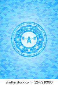deep squat icon inside sky blue emblem with triangle mosaic background