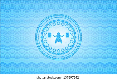 deep squat icon inside sky blue water wave badge.