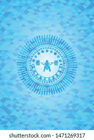 deep squat icon inside sky blue emblem. Mosaic background