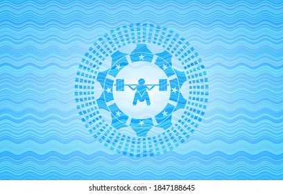 Deep Squat Icon Inside Sky Blue Water Badge. 