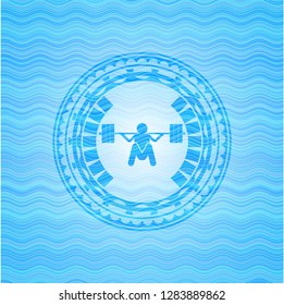 Deep Squat Icon Inside Water Wave Representation Badge Background.