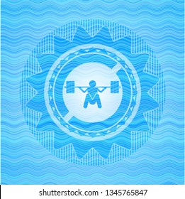 Deep Squat Icon Inside Water Wave Representation Style Emblem.