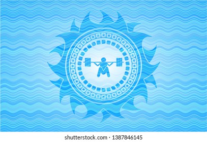 Deep Squat Icon Inside Water Wave Representation Style Badge.