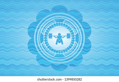 deep squat icon inside water wave representation badge background.