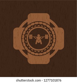 deep squat icon inside wood emblem. Vintage.