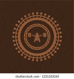 deep squat icon inside wooden emblem. Vintage.
