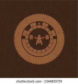 deep squat icon inside wooden emblem. Retro