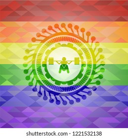 deep squat icon on mosaic background with the colors of the LGBT flag