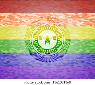 deep squat icon on mosaic background with the colors of the LGBT flag