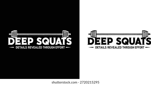 Logotipo de motivación de entrenamiento con barra de pesas con una barra estilizada con pesas y los detalles del eslogan revelados a través del esfuerzo presentado en versiones en blanco y negro contrastantes ideales para el diseño de ropa de fitness.