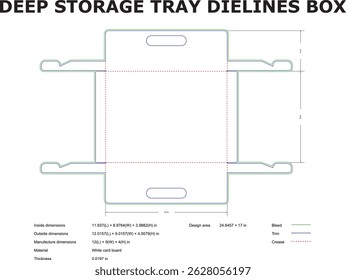 Deep storage tray box dielines blueprint for packaging design and manufacturing purposes