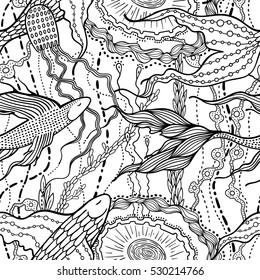 From the deep to the sun. Vector seamless pattern with sea creations