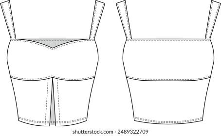 deep sweetheart neck contrast strapper strappy slitted slit low-cut crop cropped square neck blouse top template technical drawing flat sketch cad mockup fashion woman design style model 