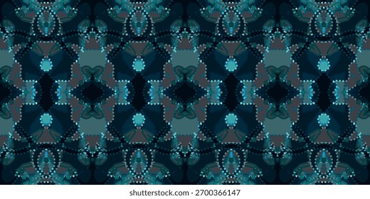 Tiefes Teal und Navy abstrakte Ikat Stil nahtlose Muster. Tapete Muster. Symmetrischer Aqua- und Indigo-Böhmischer Textilhintergrund. 

Modernes abstraktes Patchwork Geometrisches Repeat-Motiv