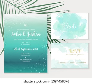 Deep Teal Ocean And Blue Watercolor Vector Design Cards. Seascape Summer Vacation Frames. Tropical Elegant Wedding Invitations. Splash Texture. Island Style. All Elements Are Isolated And Editable