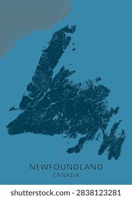 Deep teal and oceanic blue map of Newfoundland, Canada, highlighting Atlantic coastline, Avalon Peninsula, rugged island geography, and surrounding waters.