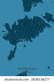Deep teal and oceanic blue map of Saaremaa, Estonia, highlighting Baltic Sea coastline, Sõrve Peninsula, Muhu Island, regional road network, and island geography.