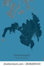 Deep teal and oceanic blue map of Mindanao, Philippines, highlighting Davao City, Zamboanga, Celebes Sea coastline, regional road network, and expansive island landmass.