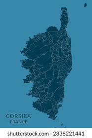 Deep teal and oceanic blue map of Corsica, France, highlighting Ajaccio, Bastia, Cap Corse peninsula, coastal topography, and regional road networks.
