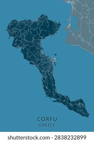 Deep teal and oceanic blue map of Corfu, Greece, showcasing Corfu Town, Ionian Sea coastline, coastal road networks, and regional island topography.