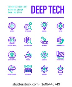 Deep Tech Thin Line Icons Set. Symbols Of Ai, Innovation, Intellectual Property, Scientific Discovery, Investment,  Quantum Computing, Photonics, Blockchain, Robotics. Vector Illustration.