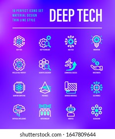 Deep tech thin line icons set. Symbols of ai, innovation, intellectual property, scientific discovery, investment,  quantum computing, photonics, blockchain, robotics. Vector illustration.