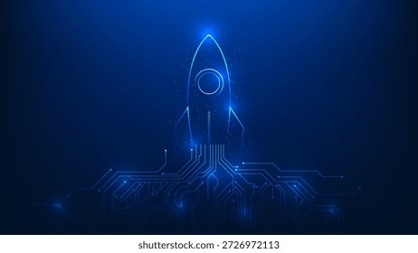 Fundo tecnológico profundo com lançamento de foguetes de arte de linha de circuito digital, crescimento da inovação, alta tecnologia e conceito de start-up futuro