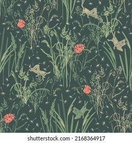 Deep tones ladybug and grasshopper seamless background print. Vector illustration. Surface pattern design, perfect for textiles, office supplies, wallpaper, packaging, home and garden decoration