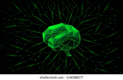 Deep training and neural networks around the brain. Green neon polygonal artificial intelligence conceptual illustration.