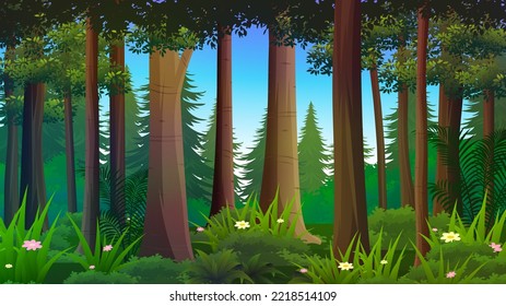 Deep Tropical Forest with thick bushes, plants and trees, nature landscape vector illustration