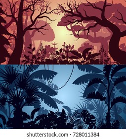 Deep tropical jungle and greenwood backgrounds with leaves, bushes and trees. Floral landscape, wildlife concept, wood silhouettes, evening rainforest poster. Night forest backdrop vector illustration