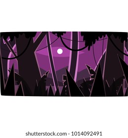 Deep tropical jungle with wood silhouettes and moon, beautiful tropical forest background at night vector illustration