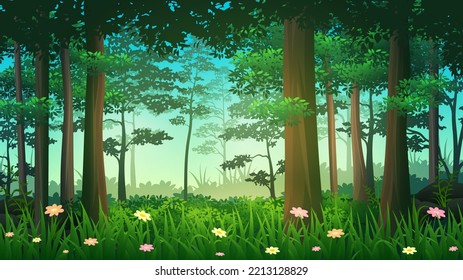 Deep Tropical Rain Forest with thick bushes, plants and trees, nature landscape vector illustration