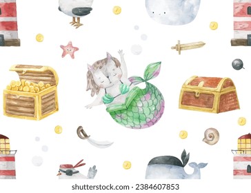 Deep Underwater sea life with cat mermaid, treasure and lighthouse.  Aquatic life landscape seamless background. Scene for wallpaper