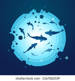 Deep underwater world with floating fish. Fish swim in the blue underwater sea.