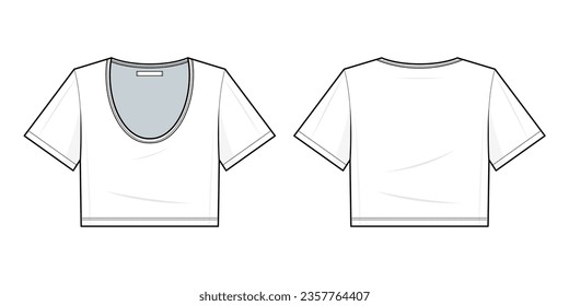 Deep U-neck Crop T-shirt flat technical fashion illustration. T-shirt fashion flat technical drawing template, front view, back view, white color, women, CAD mockup