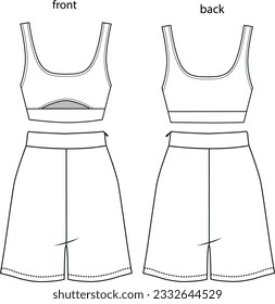 deep U-neck sleeveless crop top and relax fit shorts set vector illustration, bottom top suit template