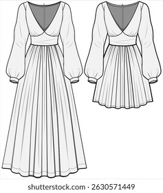 Deep V Neck Bishop manga vestido flagrado com Zip Moda Traseira plana Vetor Ilustração, CAD, Desenho Técnico, Desenho Plano, Modelo, Montagem.