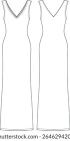 deep v neck halter neck sleeveless long maxi elastic bodycon dress template technical drawing flat sketch cad mockup fashion woman design style model 