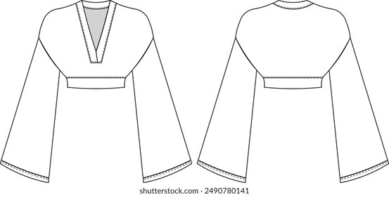 deep v neck oversize loose bell kimono long sleeves drop shoulder cropped crop blouse top sweatshirt template technical drawing flat sketch cad mockup fashion woman design style model 