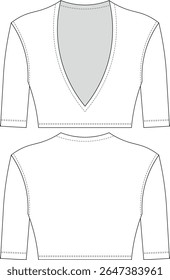 deep v neck short half sleeve cop cropped blouse top tshirt tee template technical drawing flat sketch cad mockup fashion woman design style model 