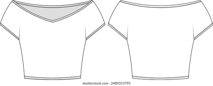 deep v neck short sleeve seamless crop cropped blouse top t-shirt template technical drawing flat sketch cad mockup fashion woman design style model 