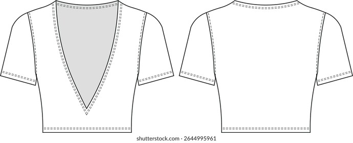 deep v neck short sleeve fit short tshirt tee blouse top lowcut cutout template technical drawing flat sketch cad mockup fashion woman design style model 