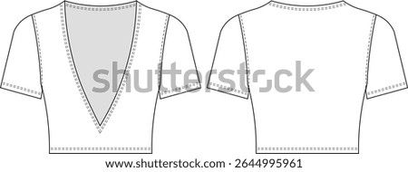 deep v neck short sleeve fit short tshirt tee blouse top lowcut cutout template technical drawing flat sketch cad mockup fashion woman design style model 